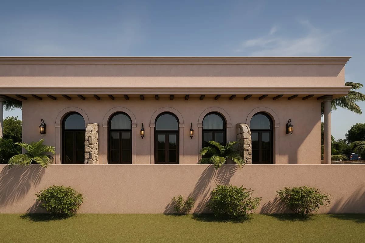 Render arquitectónico de Casa Marlicatta: fachada con arcos de piedra y jardín tropical